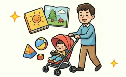 父親がベビーカーを押して散歩するイラスト