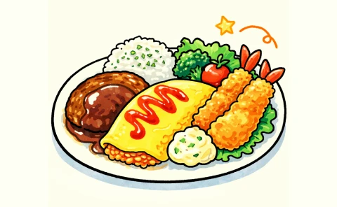 オムライスやハンバーグステーキなどの洋食のイラスト
