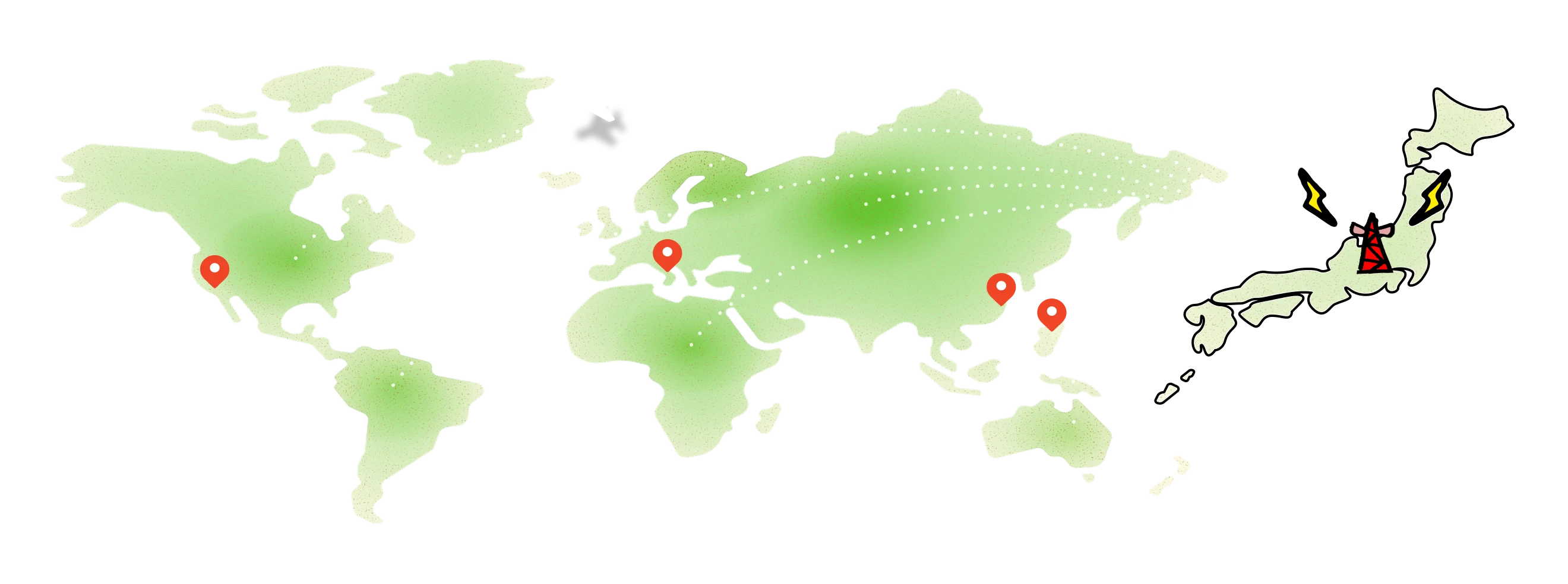 世界地図上に、北米、ヨーロッパ、アジアの拠点を示す赤いピンが配置され、飛行機や船のアイコンを伴う点線で各拠点が結ばれています。特に日本からは、放送塔と稲妻のアイコンが描かれ、信号が世界に向けて発信されている様子が示されており、グローバルなネットワークと情報発信を表しています。